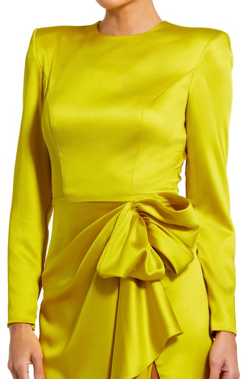 Shop Mac Duggal Satin Bow Long Sleeve Column Gown In Chartreuse