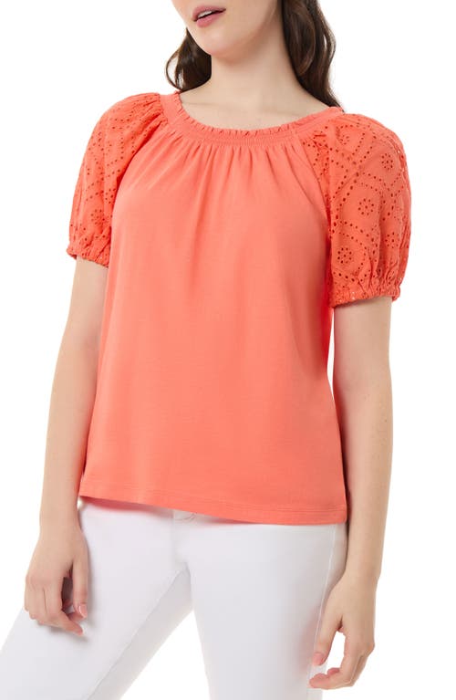 Mixed Media Puff Sleeve Cotton Blend Top in Coral Sun