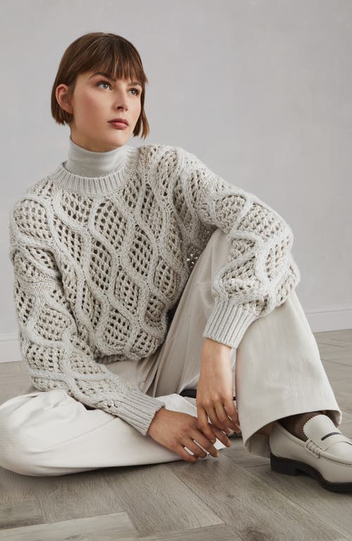 Shop Brunello Cucinelli Cashmere Dazzling Net & Cable Sweater In Pearl Grey