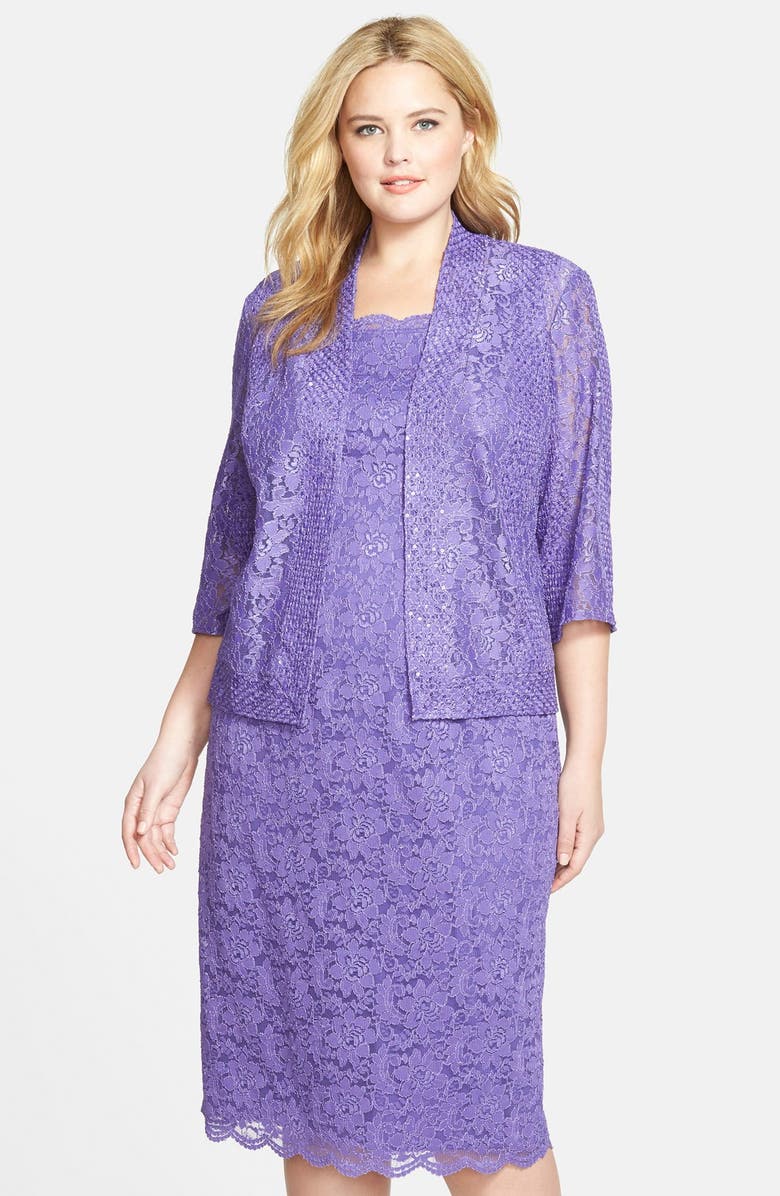 Alex Evenings Sequin Lace Tea-Length Sheath Dress with Jacket (Plus ...