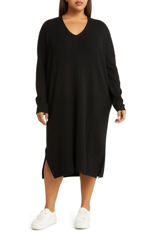 caslon(r) Long Sleeve Rib Sweater Dress in Black