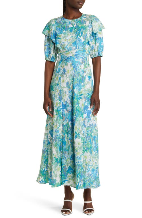 Nicciey Floral Puff Sleeve Dress in Blue/White