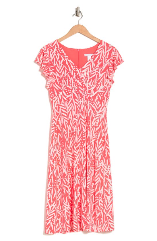 London Times V-neck Ruffle Midi Dress In Coral White