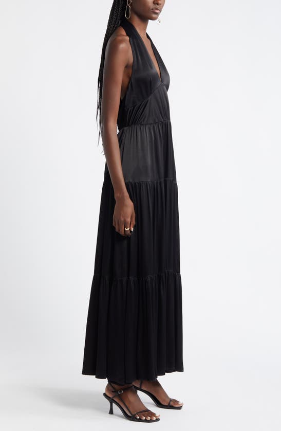 Shop Nordstrom Tiered Satin Halter Maxi Dress In Black