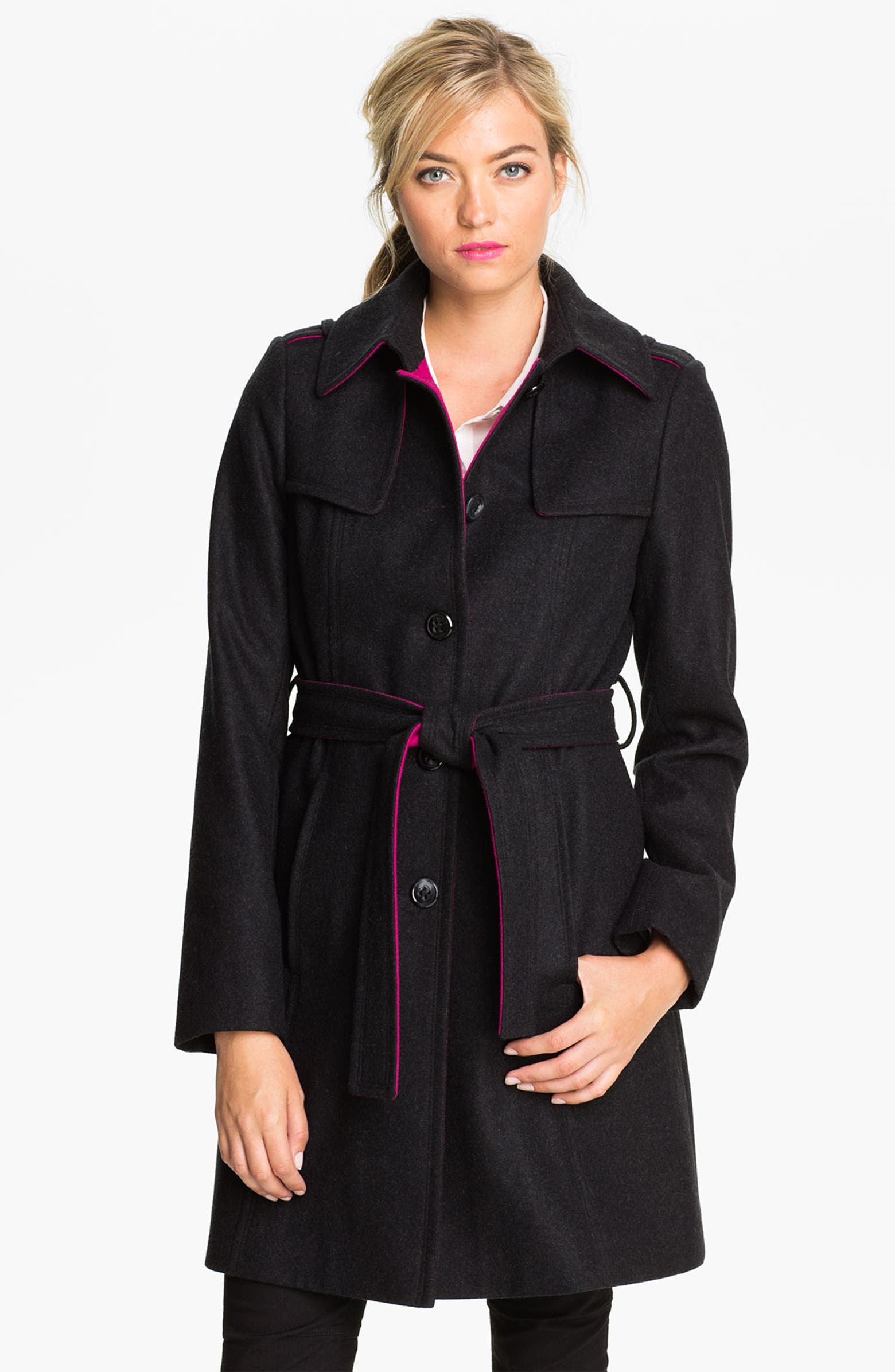 DKNY Contrast Trim Wool Blend Coat | Nordstrom