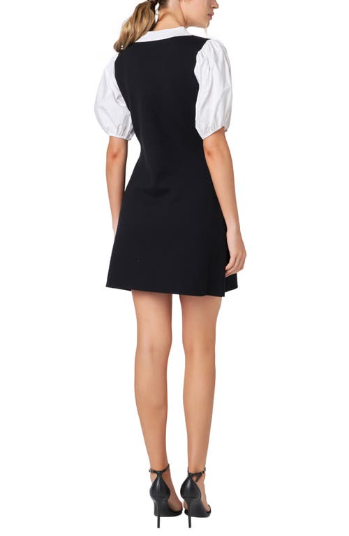 ENGLISH FACTORY ENGLISH FACTORY BOW TIE PUFF SLEEVE MIXED MEDIA MINIDRESS 