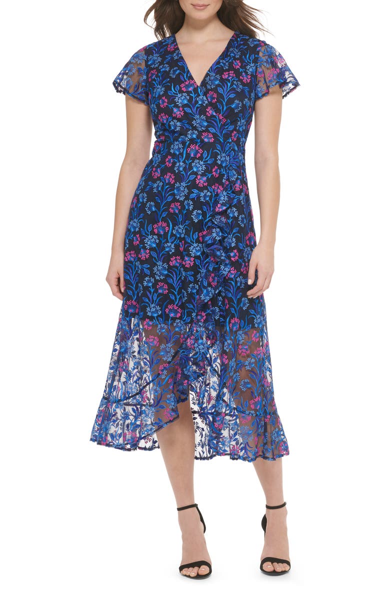 Kensie Floral Embroidered Flutter Sleeve Midi Dress | Nordstromrack