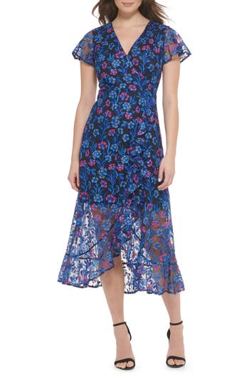 Kensie Floral Embroidered Flutter Sleeve Midi Dress In Navy/fucshia