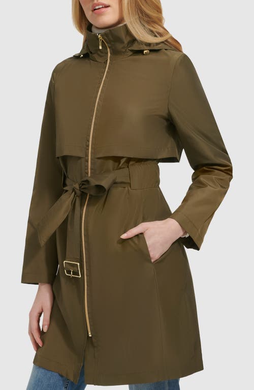 Cole Haan Belted Travel Packable Hooded Rain Jacket In Olive