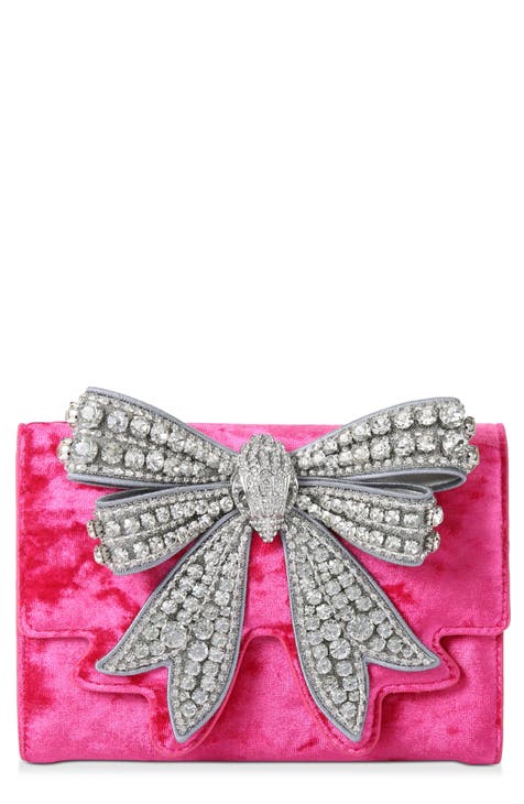 Hot Pink Rhinestone Bow Decor Straw Bag