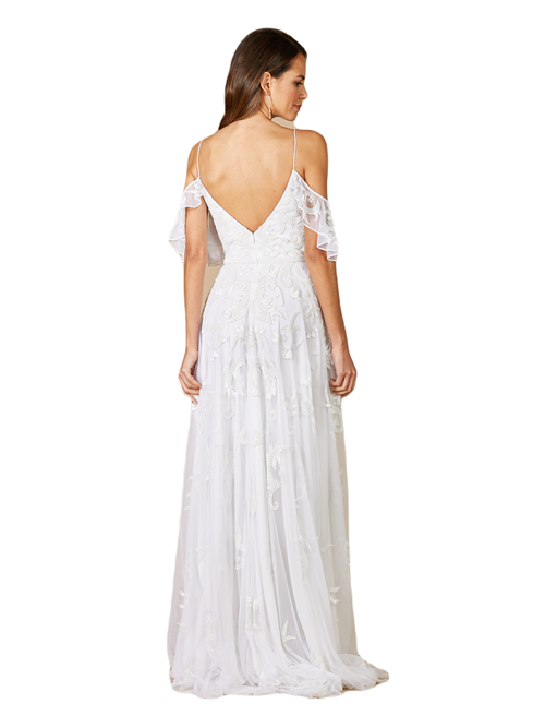 Shop Lara New York Giana Beaded Cold-shoulder Wedding Dress In Ivory