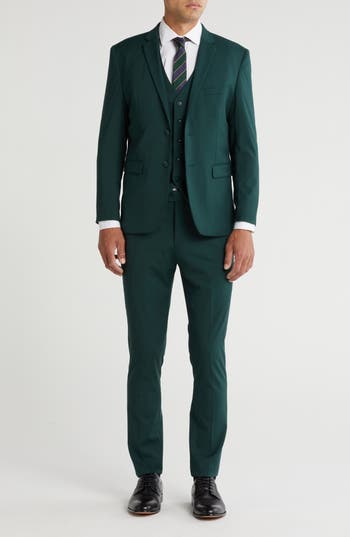 Gino Vitale Skinny Fit Solid Stretch Three Piece Suit In Hunter Green