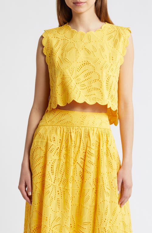 FARM Rio Monstera Leaf Eyelet Sleeveless Crop Top in Yellow at Nordstrom, Size X-Large