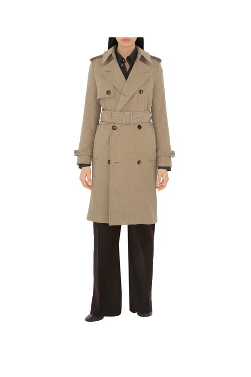 Shop Burberry Long Cashmere Trench Coat In Flax