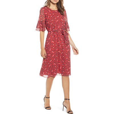 Anne Klein Tie Waist Ruffle Sleeve Dress, Red