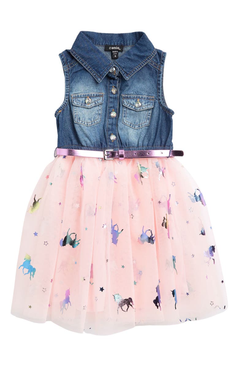 Zunie Kids' Sleeveless Belted Denim & Unicorn Tulle Dress Nordstromrack
