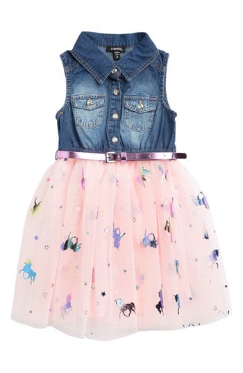Zunie Kids' Sleeveless Belted Denim & Unicorn Tulle Dress In Blush/multi
