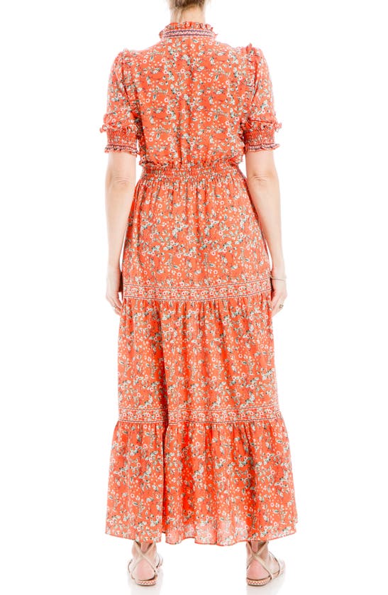 Max Studio Maxi Dress In Papaya/ Leafy Cherry Blossoms