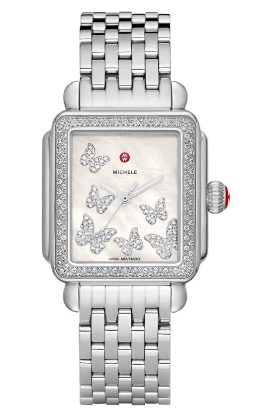 Michele 33mm Limited Edition Deco Diamond Butterfly Watch In Stainless Steel In Neutral