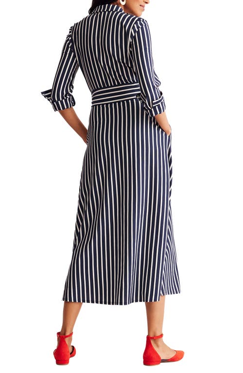 Shop Boden Marcia Stripe Tie Belt Long Sleeve Shirtdress In Navy, Ivory Stripe