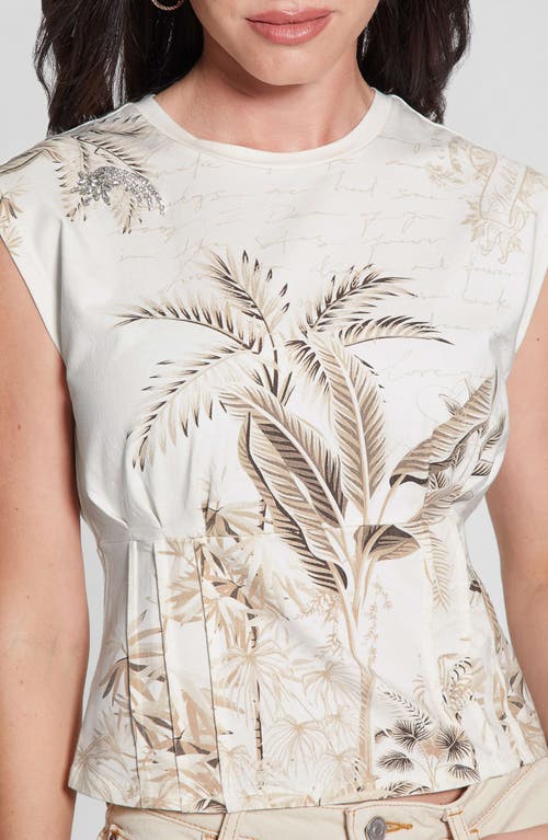 Guess Women's Tobacco Palms Printed Corset T-shirt In Cream White