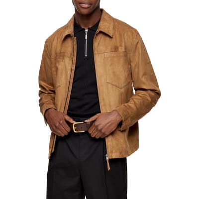 Topman Tommy Classic Fit Faux Suede Zip Shirt Jacket, Brown