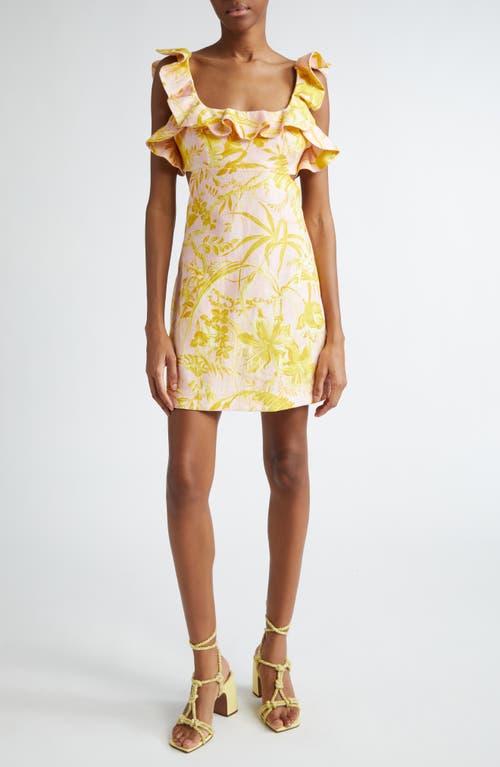 Zimmermann Golden Tropical Print Ruffle Linen Minidress In Multicolor