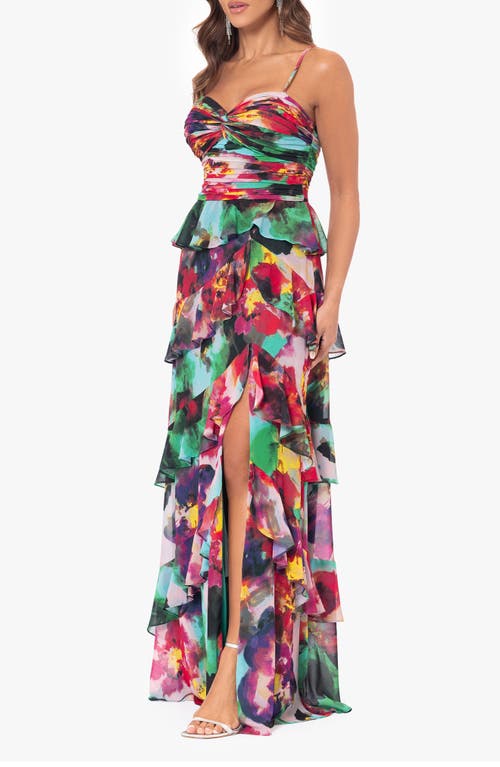 Shop Xscape Evenings Tiered Ruffle Sleevless Gown In Green/multi