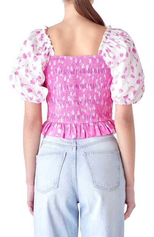 Shop English Factory Colorblock Tulip Print Smocked Top In Pink/white