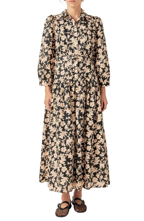 ENGLISH FACTORY ENGLISH FACTORY BELTED TIERED PRINT LONG SLEEVE COTTON MIDI DRESS