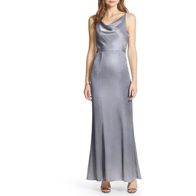 Chi Chi London Delaney Cowl Neck Satin Trumpet Gown, Blue
