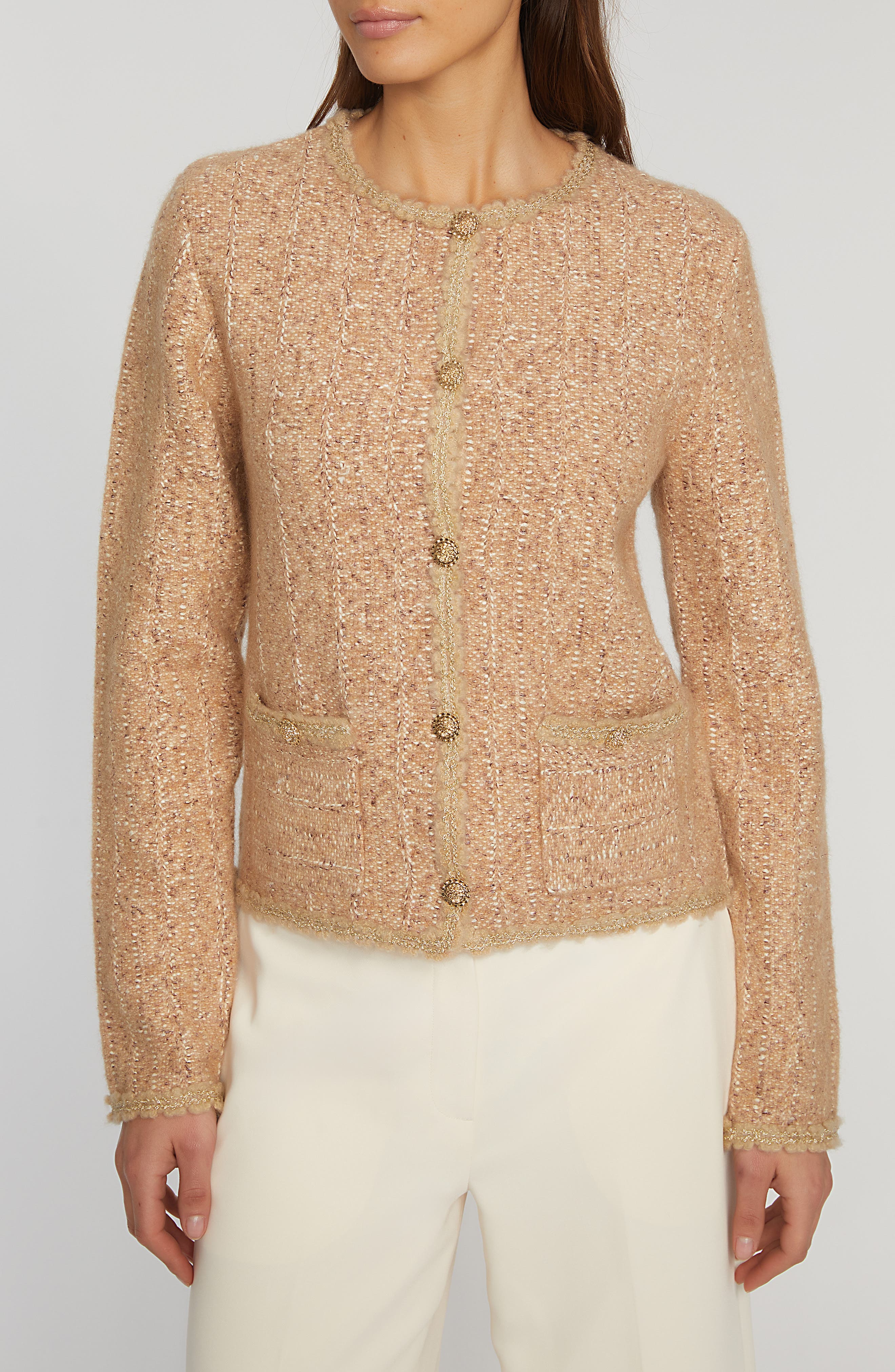 Elie Tahari The Astrid Metallic Tweed Cardigan in Saddle/noir 