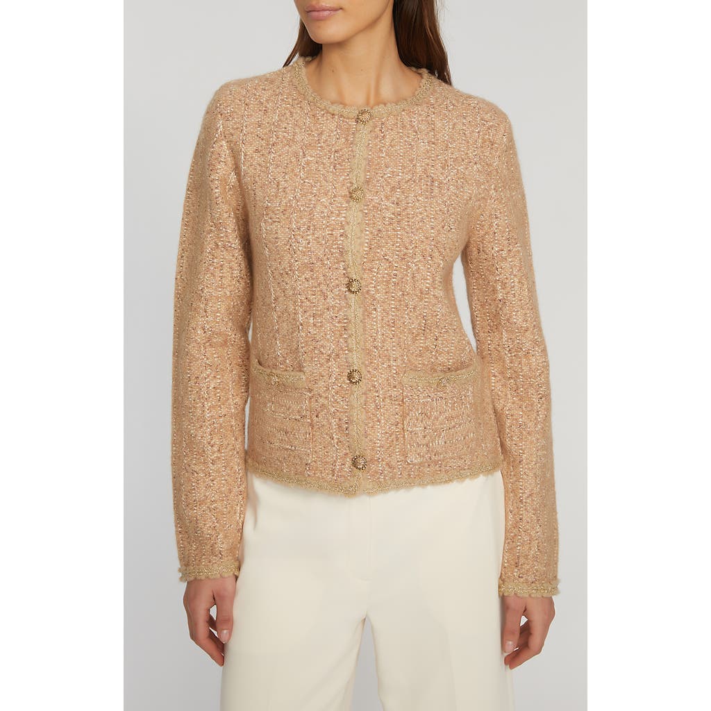 Elie Tahari The Astrid Metallic Tweed Cardigan in Saddle/noir