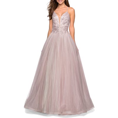 La Femme Tulle & Lace Evening Dress, Purple