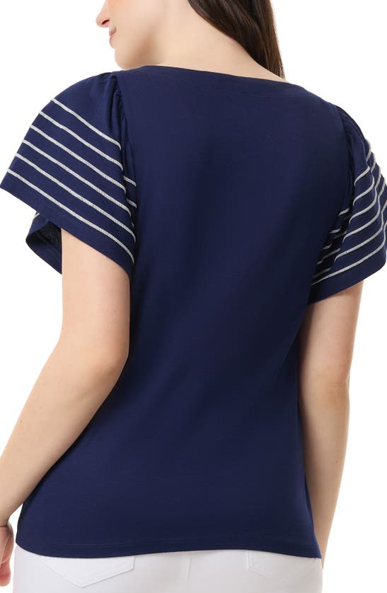 Shop Jones New York Purl Stitch Flutter Sleeve Cotton Blend Knit Top In Pacific Navy