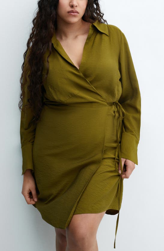 Shop Mango Vane Long Sleeve Wrap Dress In Khaki