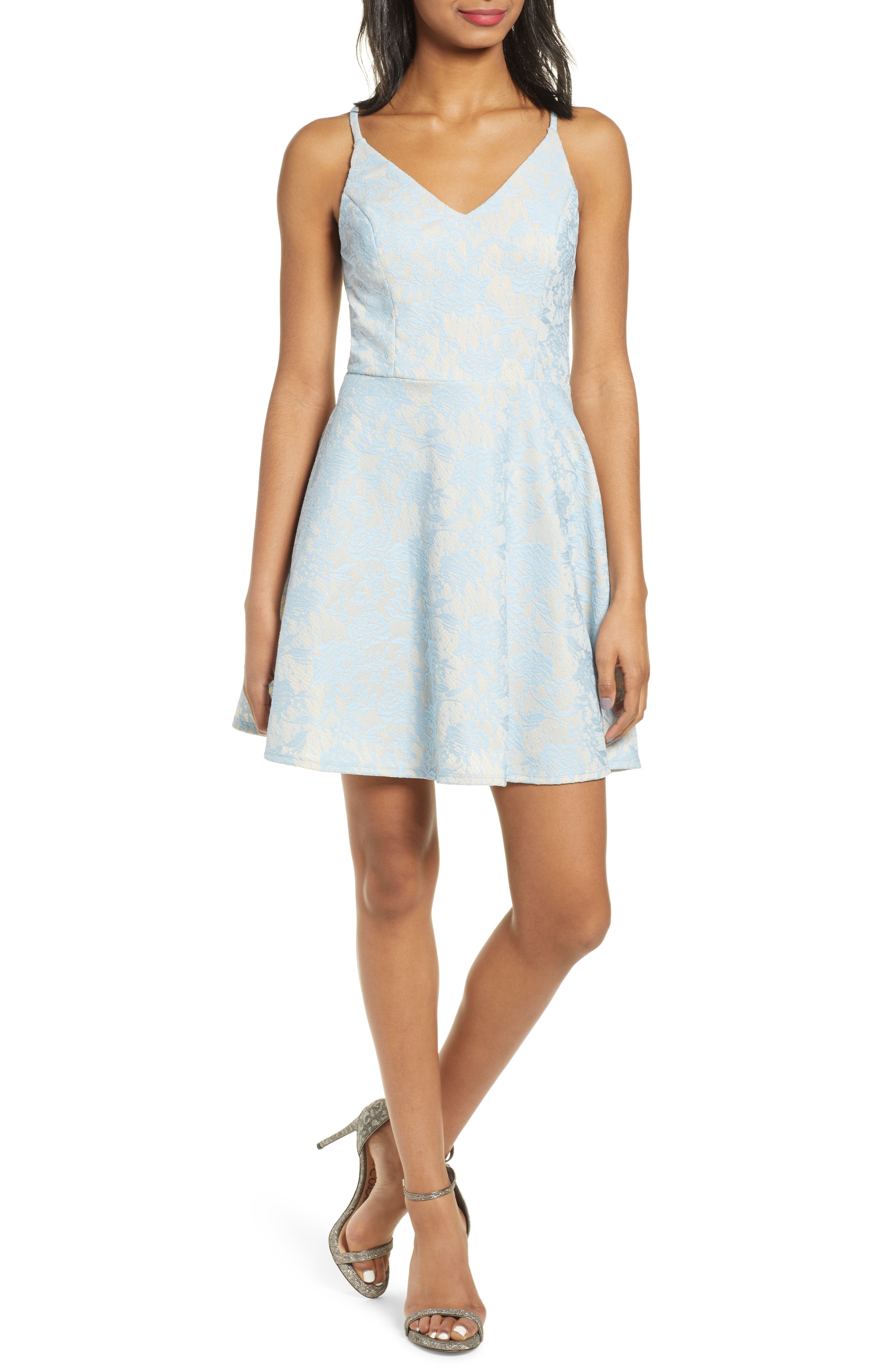 Speechless Bonded Lace Open Back Fit & Flare Dress, Blue