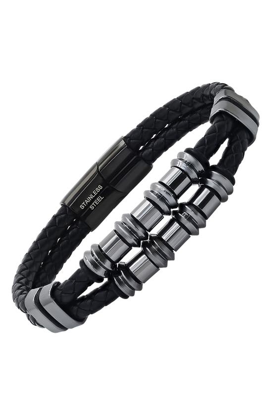 Hmy Jewelry Mens' Double-strand Bead & Braided Leather Bracelet In Gunmetal/ Black