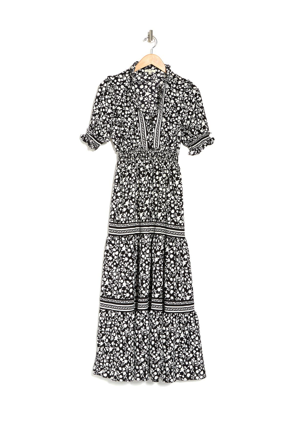 Max Studio Elbow Length Sleeve Print Tiered Maxi Dress In Oxford