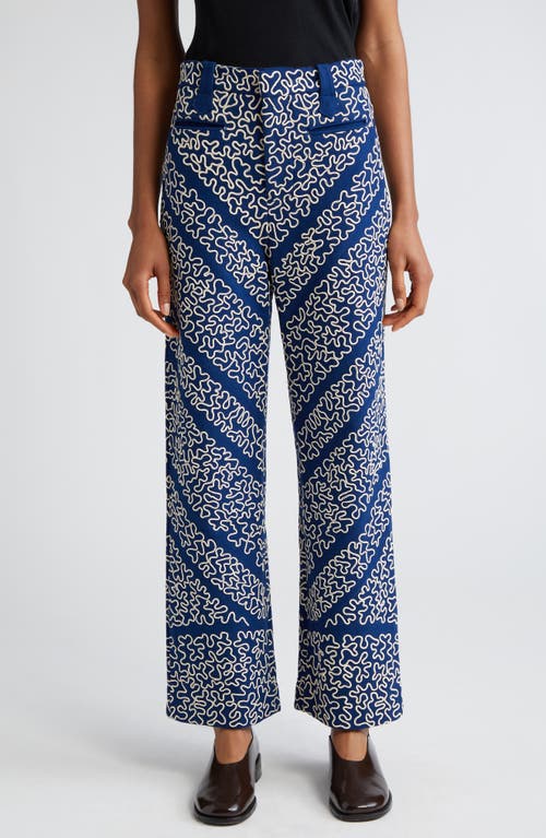 Bode Bombora Couching Embroidered Wool Blend Wide Leg Trousers White Blue at Nordstrom,