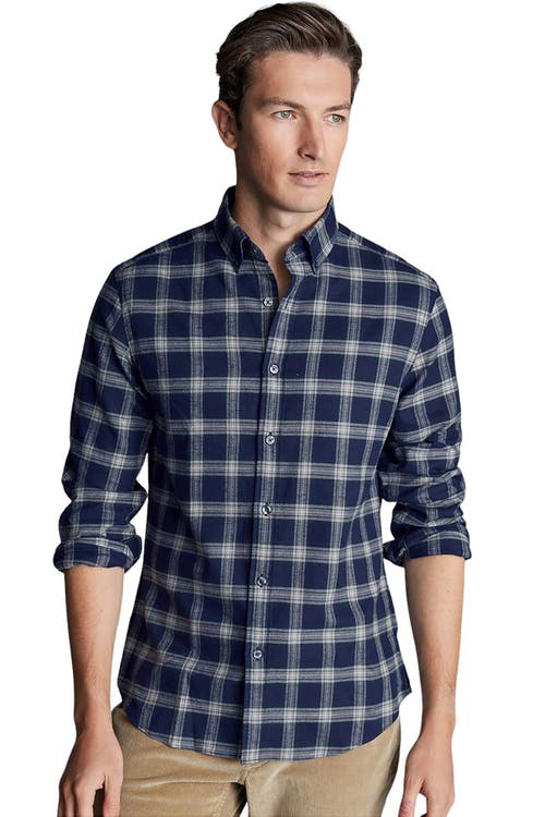 Slim Fit Button-Down Collar Brushed Flannel Check Shirt in French Blue
