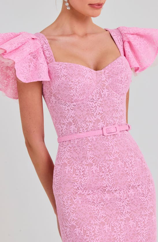 Shop Nadine Merabi Belted Ruffle Lace Midi Dress In Light/pastel Pink