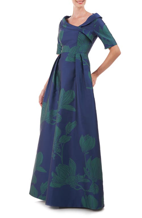 Kay Unger Coco Floral Print Gown In Marine Blue/jade