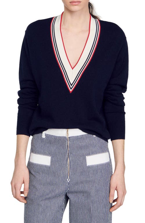 sandro Steven Wool & Cashmere Varsity Sweater in Deep Blue at Nordstrom, Size 1