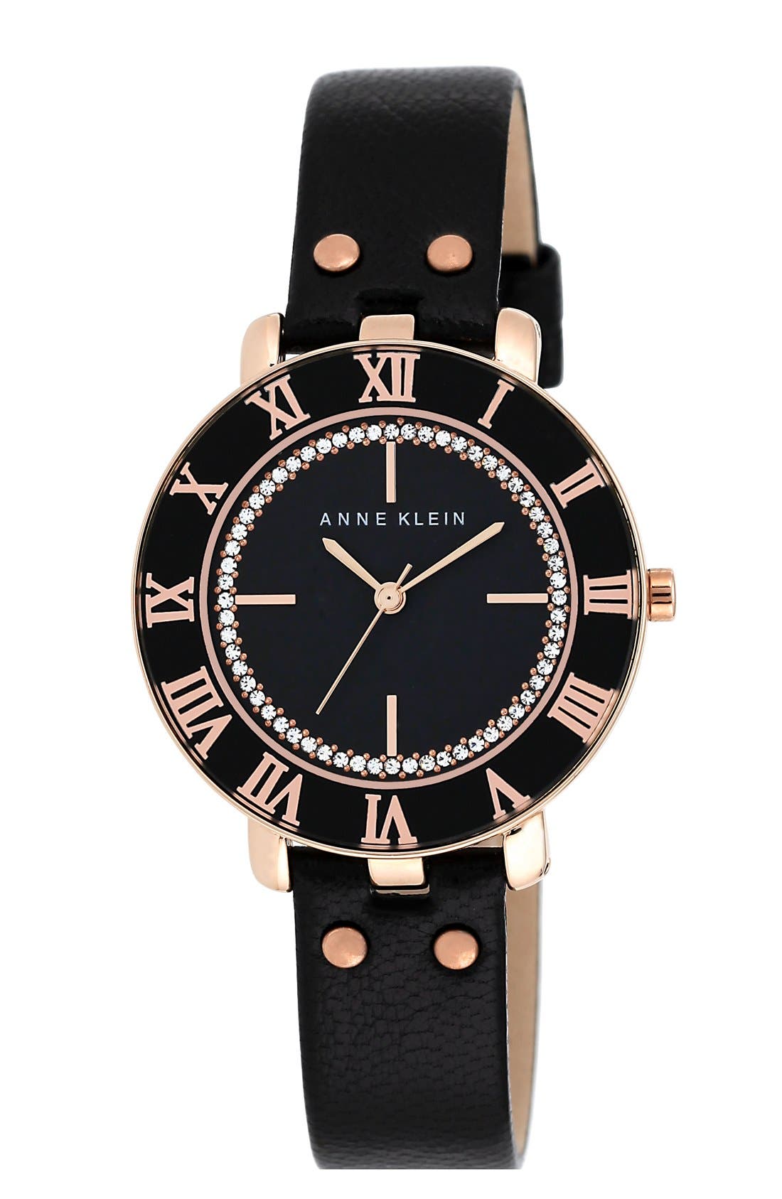 Anne Klein Crystal Dial Leather Strap Watch, 34mm Nordstrom