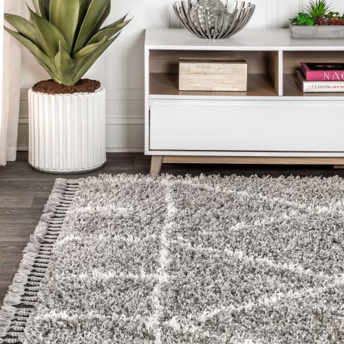 Jonathan Y Mercer Shag Plush Tassel Moroccan Geometric Area Rug In Gray/ivory