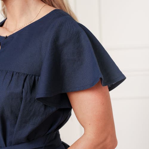 Hope & Henry Bell Sleeve Linen Keyhole Dress In Navy Linen