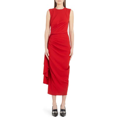 Alexander Mcqueen Gathered Waist Stretch Wool Midi Dress, 6 IT - Red