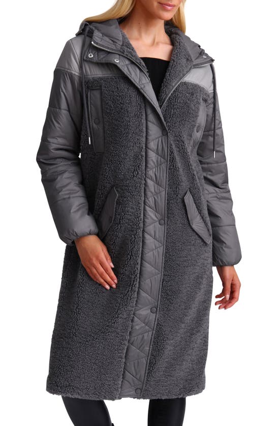 AVEC LES FILLES MIXED MEDIA FAUX SHEARLING QUILTED HOODED COAT