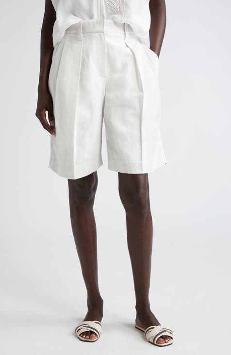 Pleated Cotton & Linen Bermuda Shorts